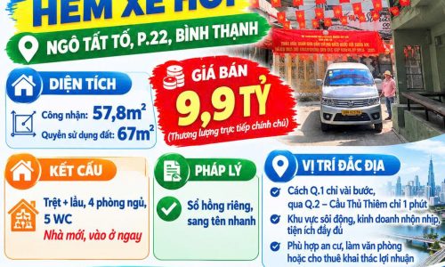 Bán nhà 67m2 hẻm 5m NGÔ TẤT TỐ, P22 Bình Thạnh giá 9ty9